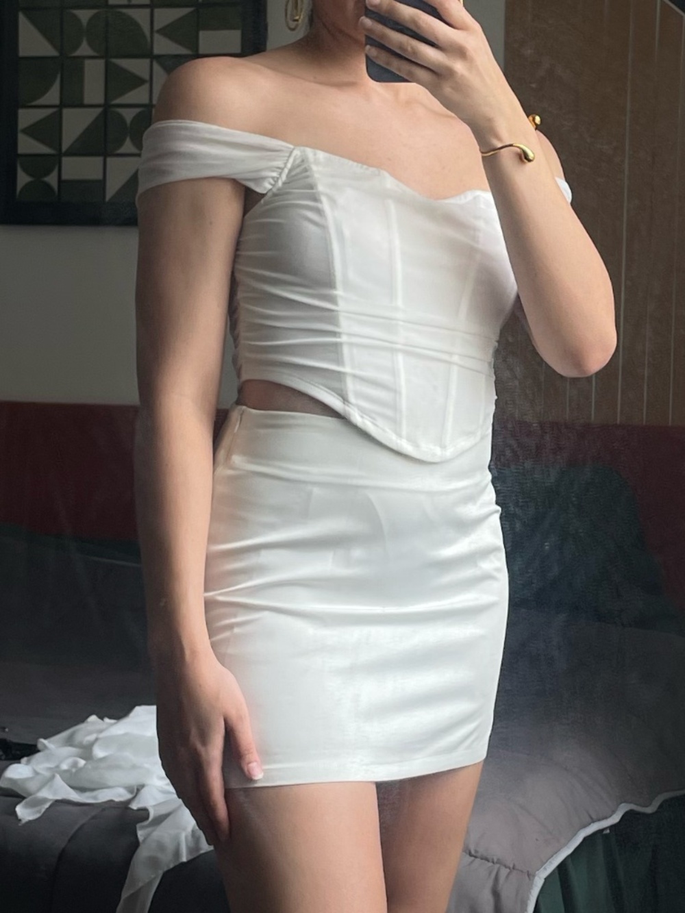 NWOT SHEIN MOD Medium Off the Shoulder Ruched Mesh Corset Structure Top